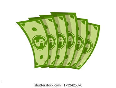 Seis billetes doblados en dinero de dibujos animados de fanáticos. Pila de efectivo en dólares, billetes verdes, señal de moneda bancaria. Aficionado al dólar salarial. Inversiones en finanzas bancarias, facturas de papel verde. Ilustración vectorial aislada