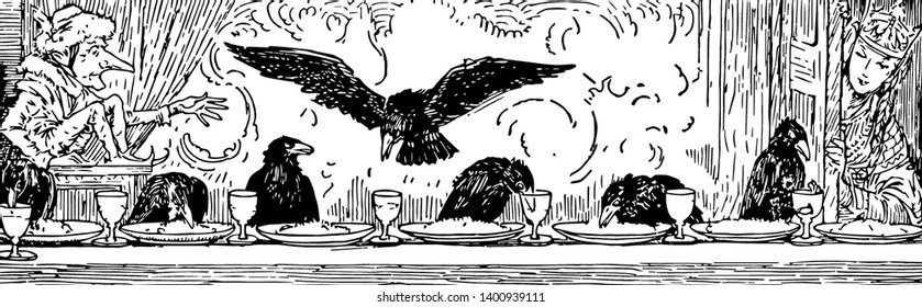 Six birds sitting on dining table and eating one bird flying near table glasses & plates kept on table a man looking at them from door & an elf sitting near table vintage line drawing or engraving