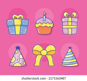 six birthday party set icons