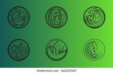 six black abstract contour icons on green blurred background