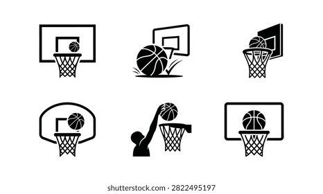 Six black of basketball hoops, nets, and balls in different positions, including a player dunking, isolated on a white background.