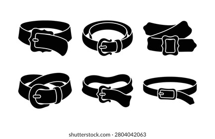 Six black belt silhouettes. different styles of belts with buckles. fashion accessories set. vector.