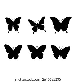 six black butterfly silhouettes on a white background. Vector illustration of insect shapes for design elements and creative projects.