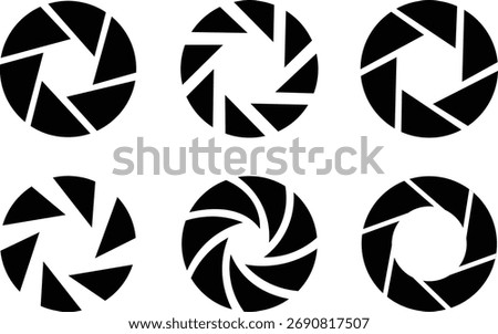 Six black camera aperture icons on white background diaphragm iris