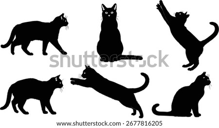 Six black cat silhouettes in various dynamic poses, including walking, sitting, stretching, and leaping, against a clean white background.