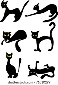 six black cats in different poses