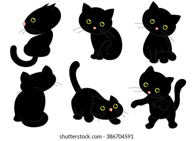 Six Black Cats. Vector Illustration of Six Black Cute Kittens
