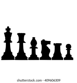 six black chess figurines in a raw on white background