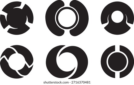 Six black circular shapes with cutout patterns on white background
