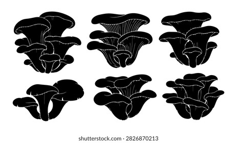 Six black cloud illustrations arranged in two rows, suitable for artistic, design, or educational purposes, showcasing different cloud shapes.