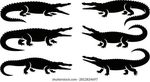 Six black crocodile silhouettes in different poses on white background