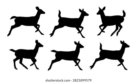 Six black donkey silhouettes in various running poses on a plain background, illustrating movement and animal agility.