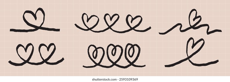 Six black doodle heart designs on a beige background. Heart doodles in various styles. Simple heart illustrations, heart motifs, playful sketches. Hand drawn Valentine's Day vector set.