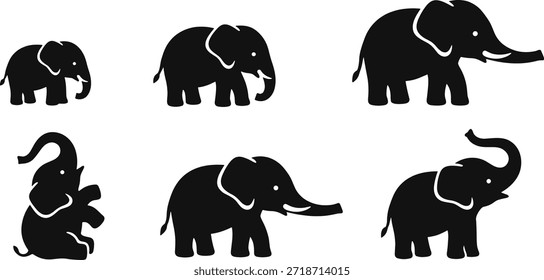 Seis silhuetas de elefante preto em diferentes posturas sobre um fundo branco, apresentando vários movimentos e posições