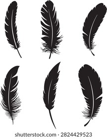 Six black feather silhouettes on white background quill