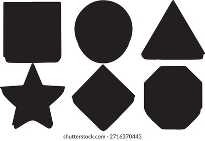 Six black geometric shapes including square circle triangle star diamond and hexagon on white background