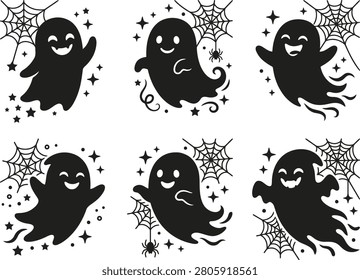 Six black ghost silhouettes with varying expressions, surrounded by spiderwebs and stars, ideal for Halloween themed projects and spooky celebrations.