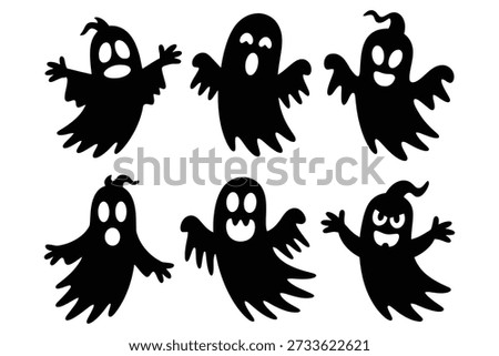 Six black ghosts with white eyes and mouths halloween