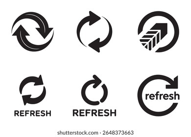 Six black graphic icons featuring circular arrows and the word refresh on a white background.