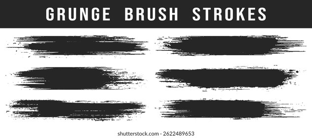 Six black grunge brush strokes create an impactful, textured pattern on a transparent background


