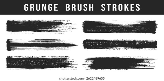 Six black grunge brush strokes create textured lines on a white backdrop which is transparent. Black brush marks. Hand drawn grunge texture