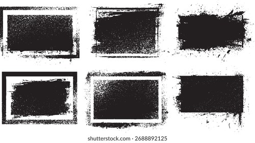 Seis marcos negros con textura grunge con bordes afligidos y salpicaduras sobre un fondo blanco.