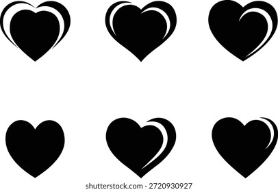 Six black hearts in various styles isolated on white background, Vector