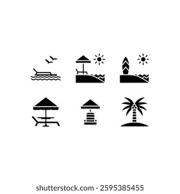 six black icons depicting beach vacation activities. Perfect for travel brochures, beach resort advertisements, or summerthemed designs. Fun and versatile graphics.