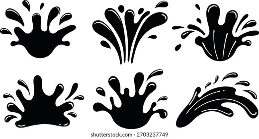 Seis salpicaduras de tinta negra sobre fondo blanco