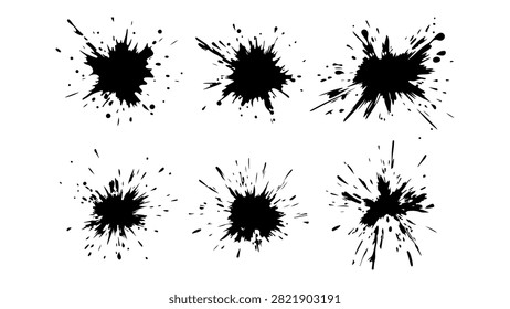 Six black ink splatter images showcasing various shapes and sizes, ideal for artistic, creative, and graphic design projects.