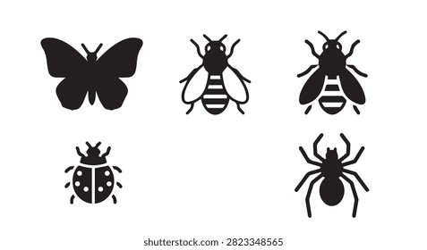 Six black insect silhouettes including butterfly, bee, ladybug, wasp, and ant, ideal for nature, pest control, and environmental design projects.