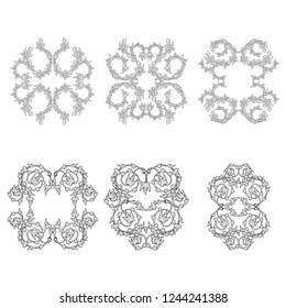 Six black isolated floral elements with leaves of Victorian style, vector on the white background for design 