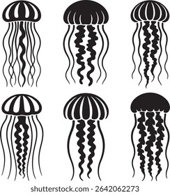 Six black jellyfish silhouettes against a white background Each jellyfish features wavy tentacles and a domed bell The style is simple and graphic