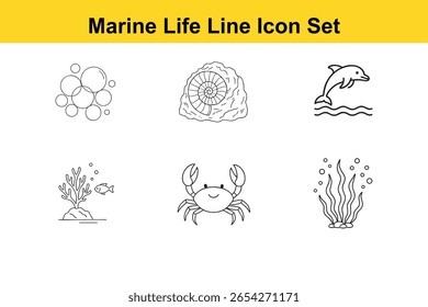 Six black line icons depicting various sea creatures and elements. This image features marine life, line icons, sea creatures, ocean, sea.