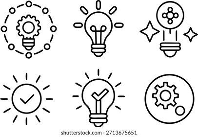 Six black line of light bulbs and symbols