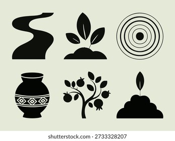 Six black on light background river plant leaves sprout