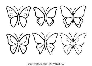 Six Black Outline Butterfly Illustrations for Coloring Books