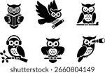 Six black owl icons in different poses representing education and wisdom.