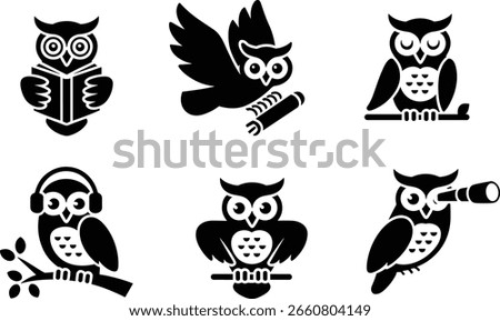 Six black owl icons in different poses representing education and wisdom.