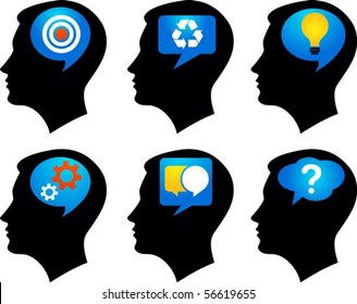 Six black profiles with colorful idea symbols