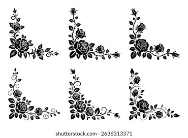 Six black rose corner designs for decoration