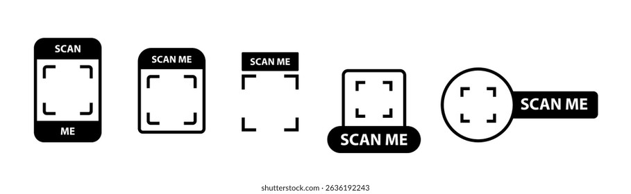 Six black scan me symbols on a white background suitable for digital technology concepts and marketing materials promoting digital interactivity.