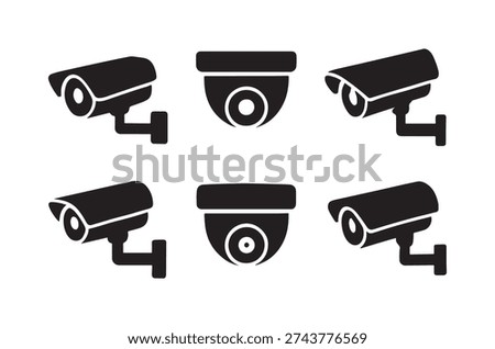 Six black security camera icons depicted in different orientations and designs.