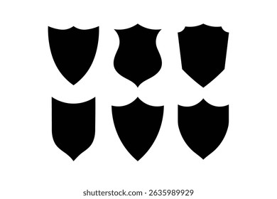 Six black shield silhouette icons in various shapes and forms on a clean white background