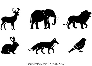 Six black silhouette animals including deer elephant lion rabbit fox and bird