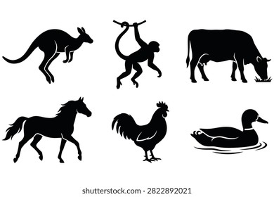 Six black silhouette animals including kangaroo monkey cow horse rooster and duck