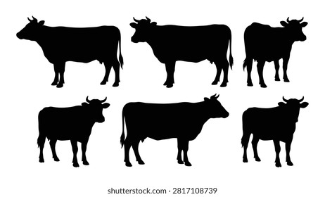 Six black silhouette cows standing in different poses