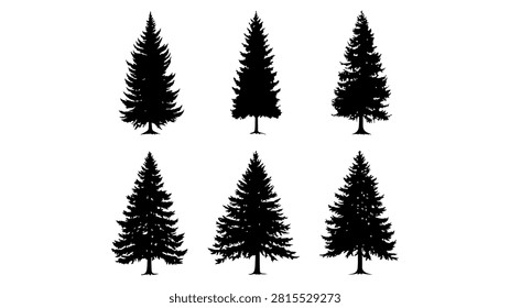 Six black silhouette evergreen trees in different shapes and sizes, ideal for nature, landscape, forestry, and outdoor design projects.