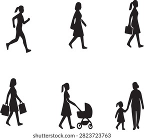 Six black silhouette figures showing jogging walking carrying bags pushing stroller and holding childs hand