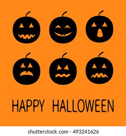 Six black silhouette funny smiling pumpkins. Cute cartoon baby character. Happy Halloween. Greeting card. Orange background. Flat design. Vector illustration